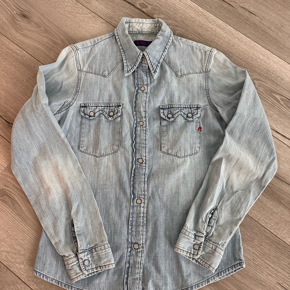 Replay Light Blue Denim Button Down Shirt